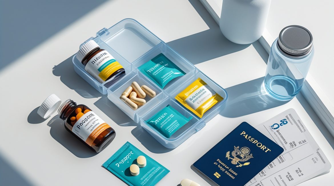 Витамины и добавки для путешествий с паспортом и билетами на белом фоне