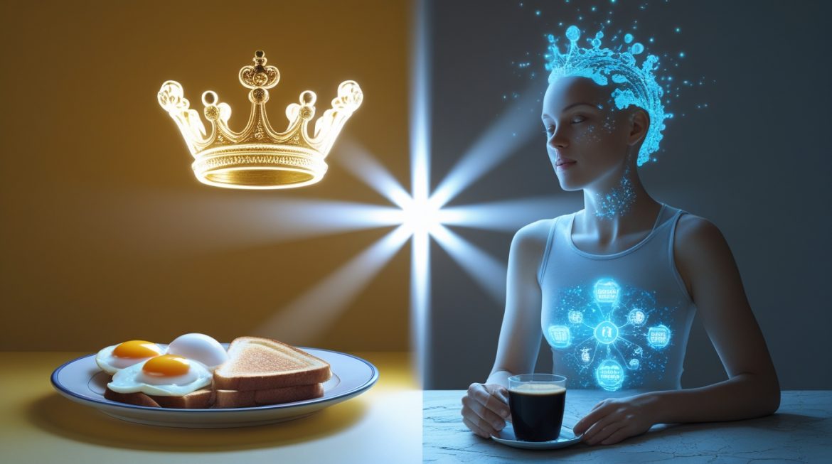 Здоровый сбалансированный завтрак с яйцами, авокадо, овсянкой и ягодами на белом столе