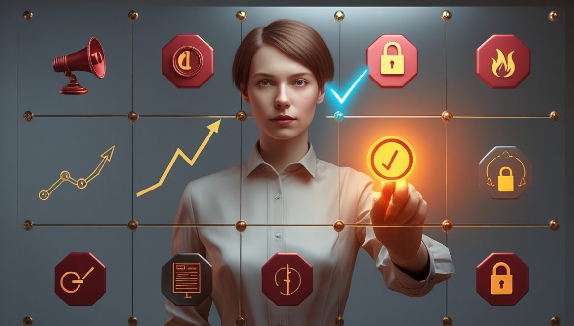 Женщина изучает диетическую информацию с предупреждающими знаками о ненадежных источниках