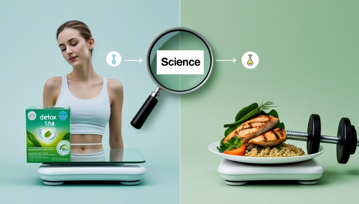 Женщина выбирает между детокс-чаями и натуральными продуктами для здорового похудения