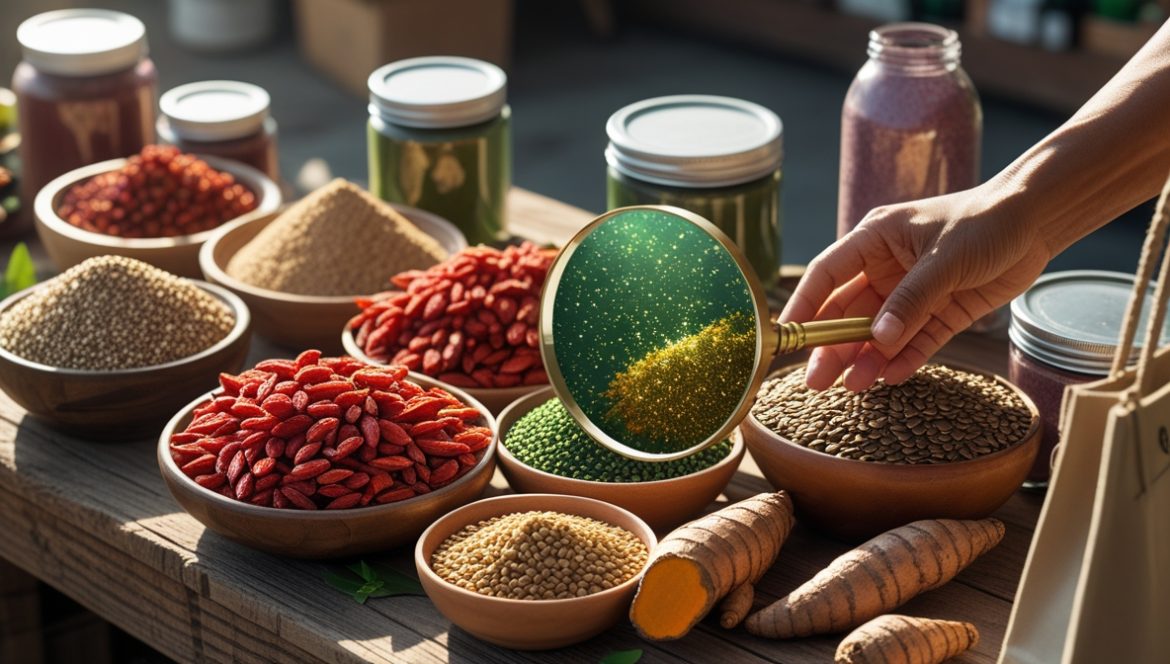 Женщина выбирает суперфуды в магазине здорового питания с семенами чиа и ягодами годжи