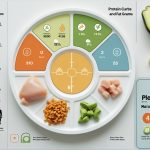 Спортсмен с протеиновым коктейлем и белковыми продуктами для набора мышечной массы 