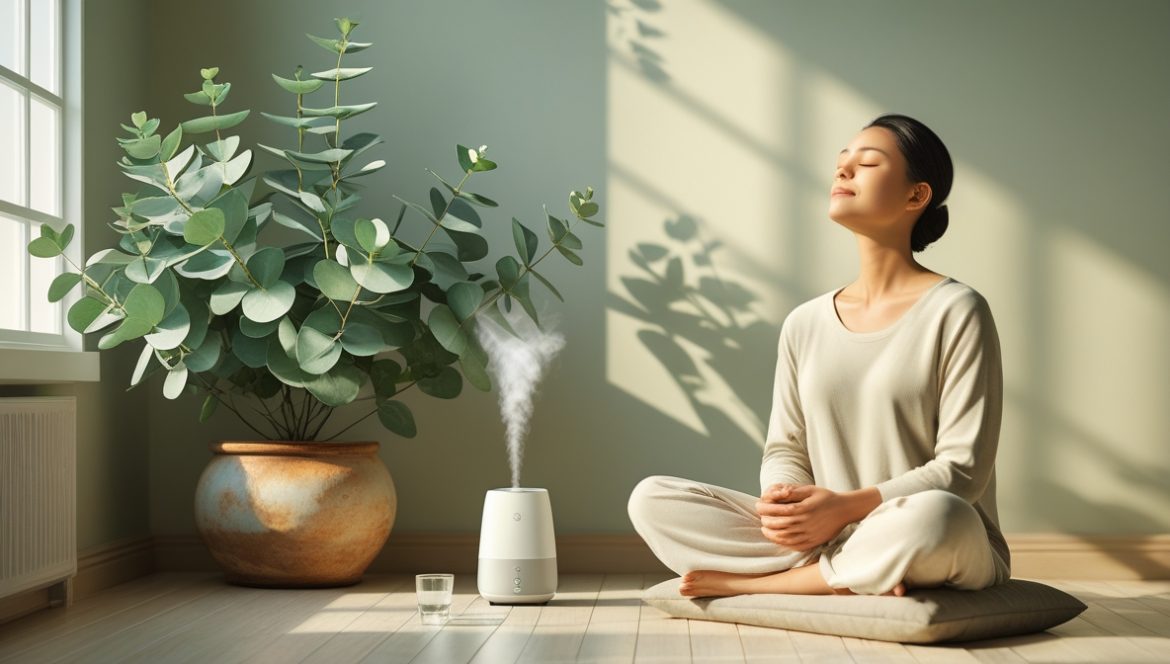 Комнатный эвкалипт Гунни на подоконнике в светлой гостиной для улучшения качества воздуха и здоровья дыхательной системы