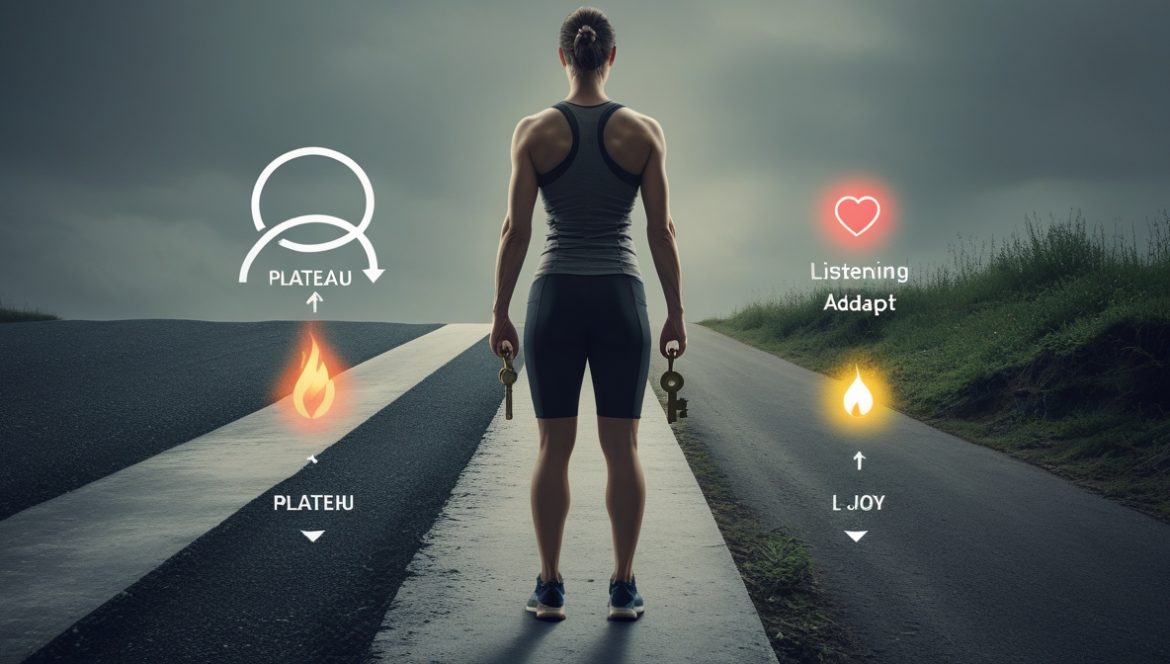 Спортсмен анализирует прогресс во время тренировочного плато в современном фитнес-зале