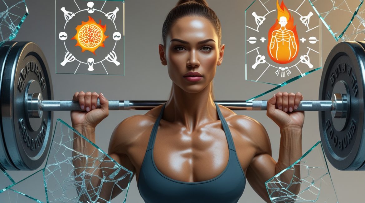 Человек после 40 лет выполняет силовые упражнения с гантелями в спортивном зале