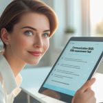 Женщина работает за компьютером с полезными продуктами для здоровья глаз на столе