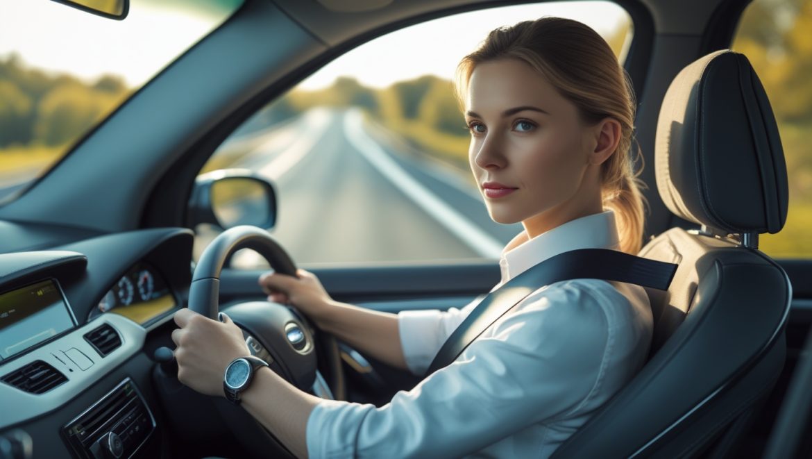 Спокойный водитель за рулем автомобиля демонстрирует уверенность и преодоление страха вождения