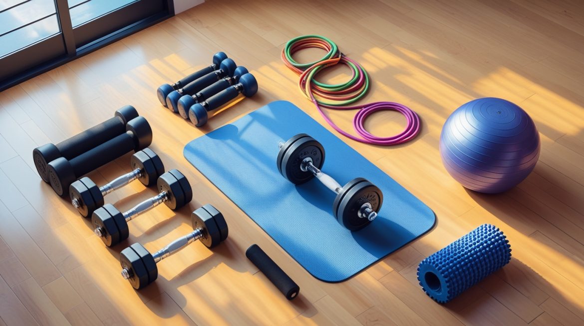 Домашний спортивный инвентарь для тренировок дома - коврик, гантели, эспандеры и фитбол