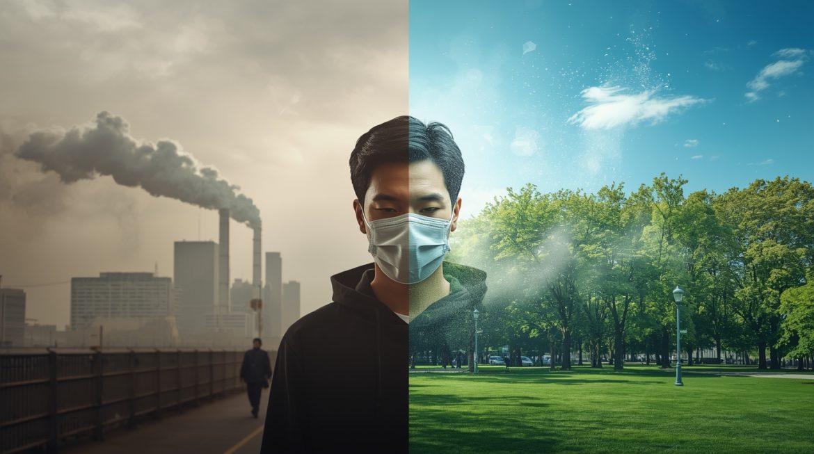 Человек в защитной маске проверяет качество воздуха в городе с высоким уровнем загрязнения и пыльцы