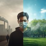 Человек в защитной маске проверяет качество воздуха в городе с высоким уровнем загрязнения и пыльцы