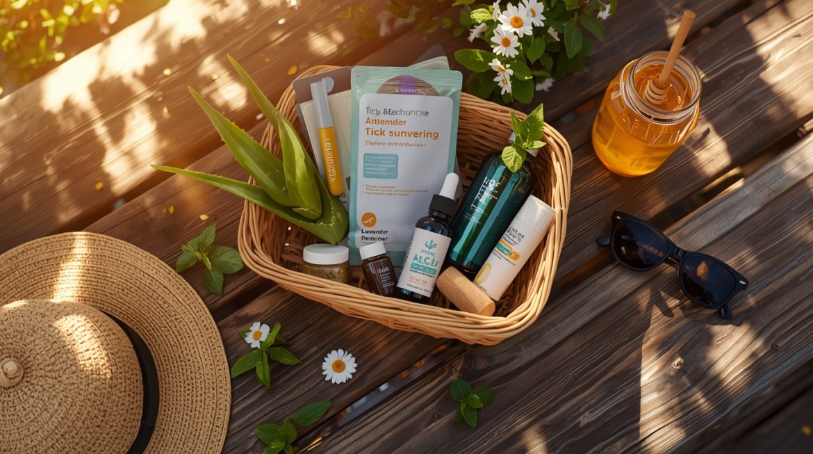 Организованная дачная аптечка с лекарствами и медицинскими принадлежностями на даче летом