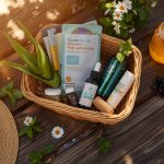 Организованная дачная аптечка с лекарствами и медицинскими принадлежностями на даче летом