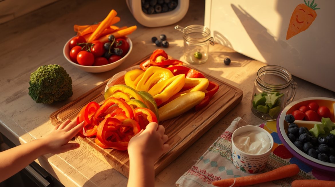 Ребенок с удовольствием ест свежие овощи и фрукты за семейным столом