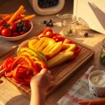 Ребенок с удовольствием ест свежие овощи и фрукты за семейным столом