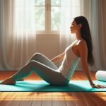 Женщина выполняет упражнения для растяжки фасций с массажным роллером дома 