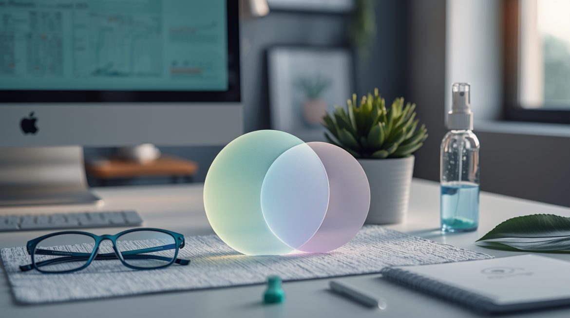 офисный работник выполняет упражнения для глаз за компьютером для профилактики усталости зрения