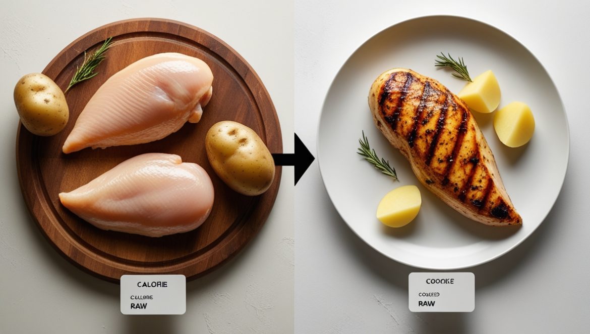 Куриная грудка приготовленная разными способами варки жарки и запекания на тарелках с указанием калорийности