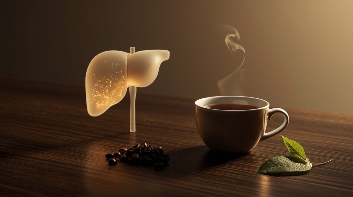 Чашка кофе и модель печени демонстрируют влияние кофе на здоровье печени