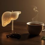 Чашка кофе и модель печени демонстрируют влияние кофе на здоровье печени