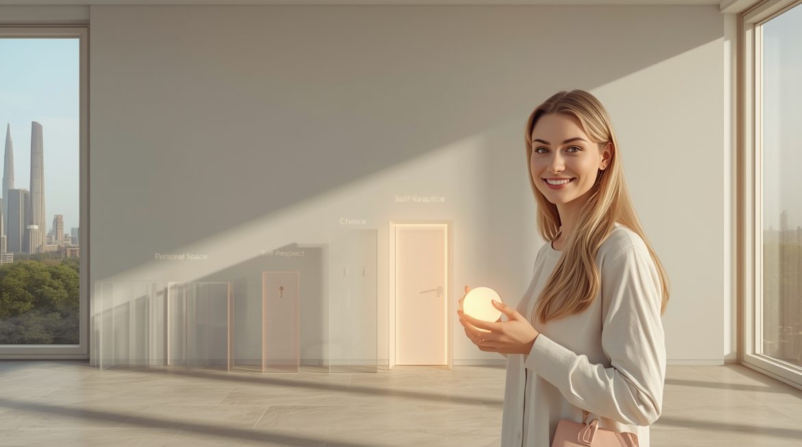 Уверенная женщина символизирует важность личных границ для психологического здоровья