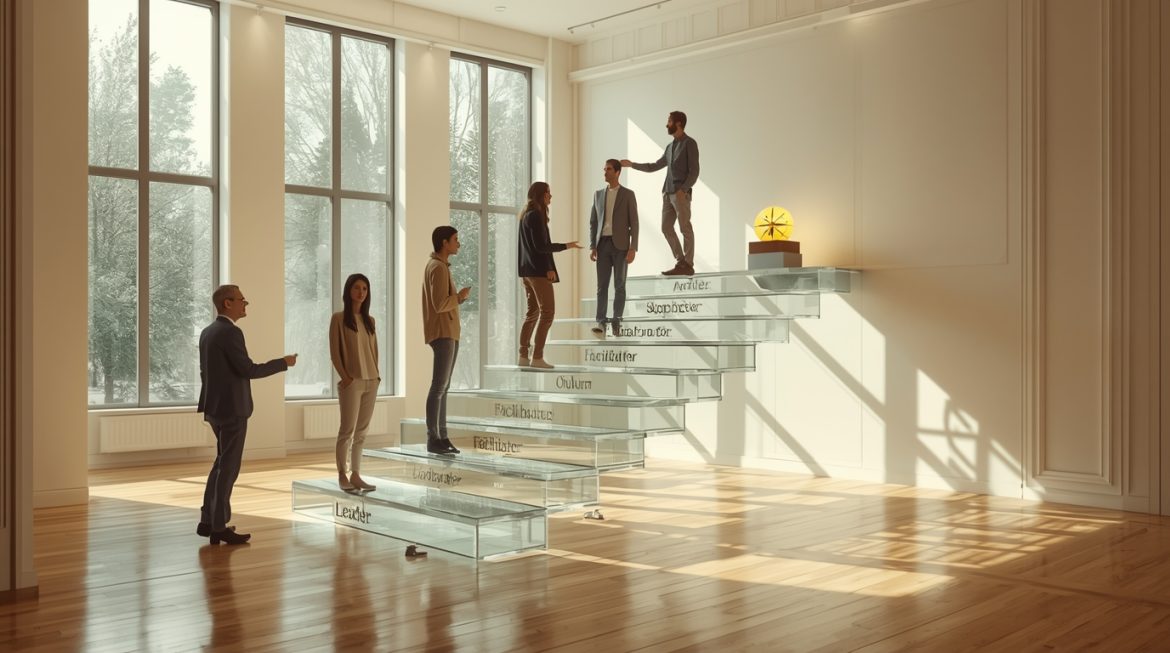 Лидер проводит презентацию команде в современном офисе, демонстрируя групповую динамику и лидерские качества