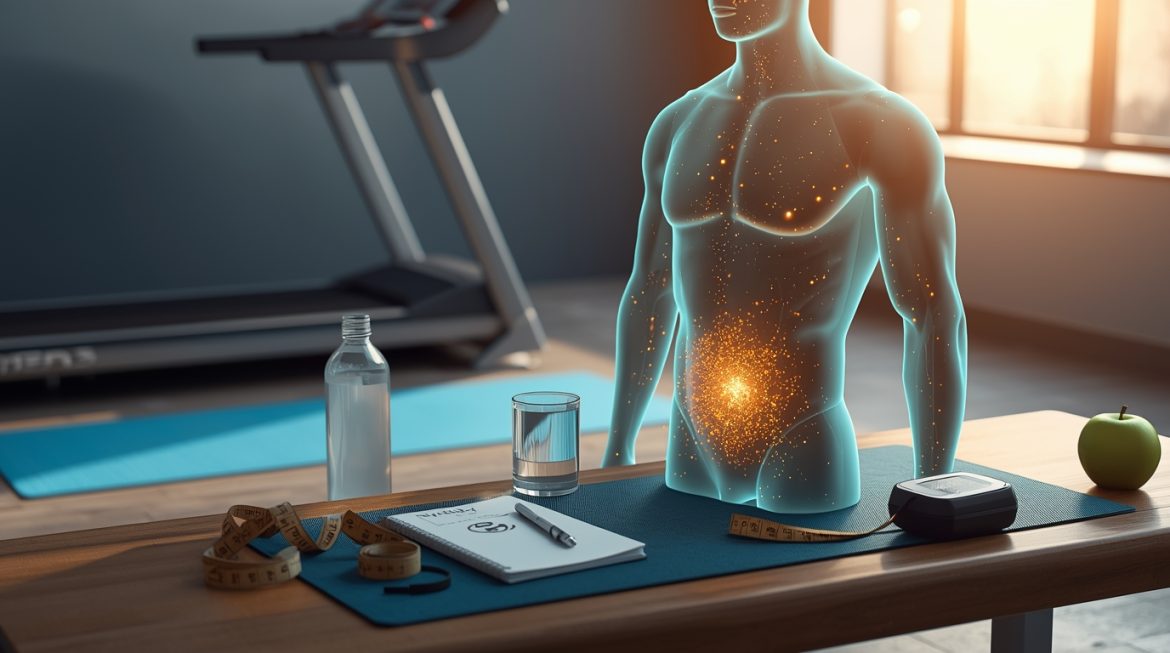 Мужчина измеряет окружность талии для диагностики метаболического синдрома, профилактика и здоровый образ жизни