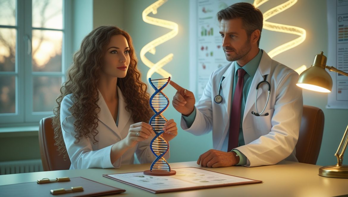 ДНК спираль с семейными силуэтами символизирующая наследственные заболевания и генетику