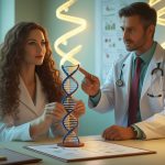 ДНК спираль с семейными силуэтами символизирующая наследственные заболевания и генетику