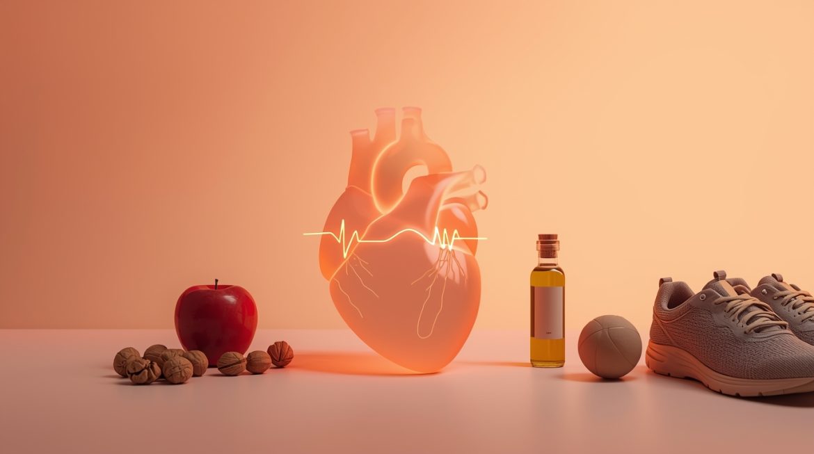 Человек в спортивной одежде идет по парковой дорожке с фитнес-трекером для подсчета шагов и здоровья сердца