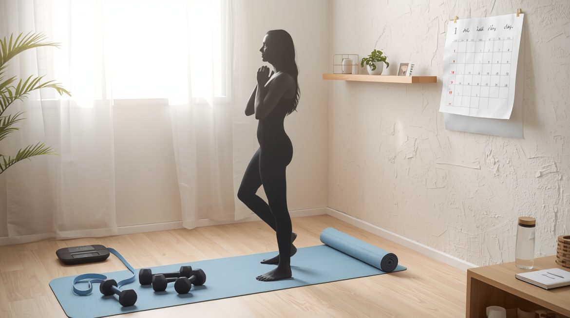 Женщина выполняет домашние упражнения для похудения в гостиной, план тренировок дома