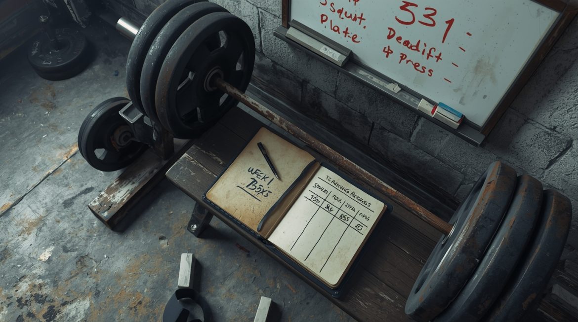 Продвинутый атлет выполняет приседания со штангой по программе тренировок 5/3/1 Джима Вендлера в тренажерном зале