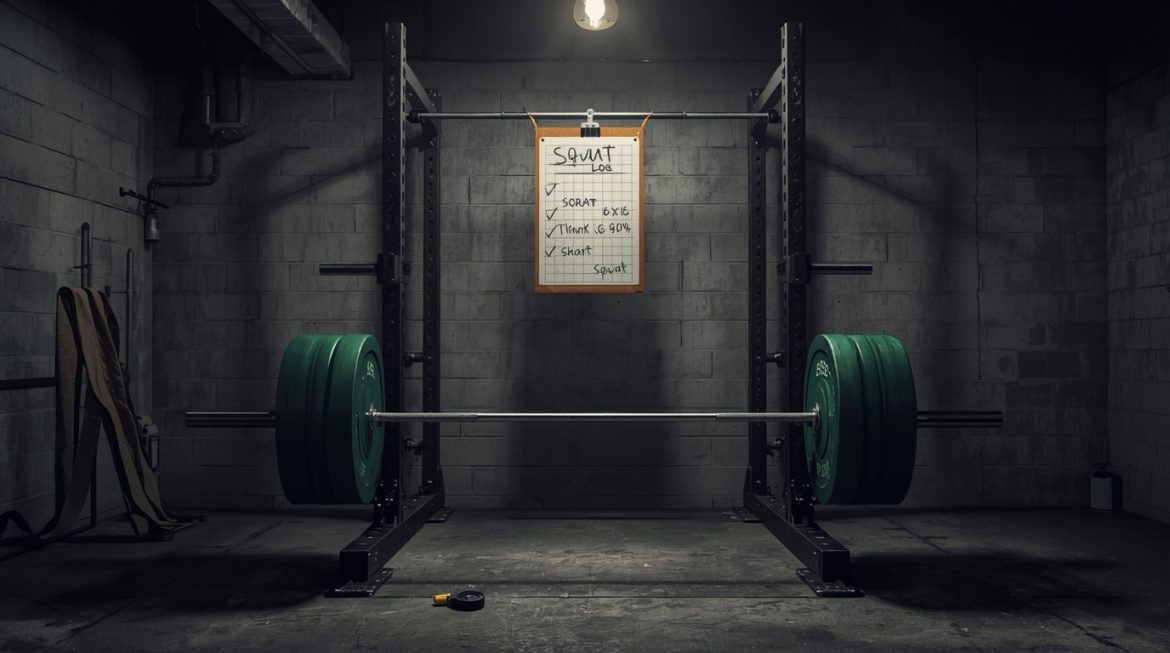 Атлет выполняет приседания со штангой по программе Смолова для увеличения силовых показателей в профессиональном спортзале