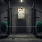 Атлет выполняет приседания со штангой по программе Смолова для увеличения силовых показателей в профессиональном спортзале