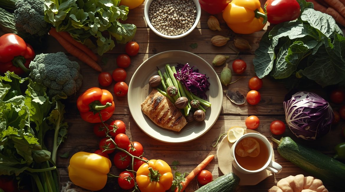 Яркая композиция средиземноморского растительного питания с овощами, бобовыми, цельнозерновыми и оливковым маслом для долголетия