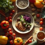 Яркая композиция средиземноморского растительного питания с овощами, бобовыми, цельнозерновыми и оливковым маслом для долголетия