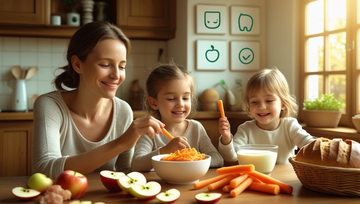 Родитель и ребенок готовят здоровую пищу вместе на кухне, формируя полезные привычки питания