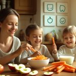 Родитель и ребенок готовят здоровую пищу вместе на кухне, формируя полезные привычки питания