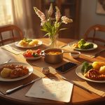 Семейный ужин с родителями и детьми за красиво накрытым столом в уютной домашней атмосфере