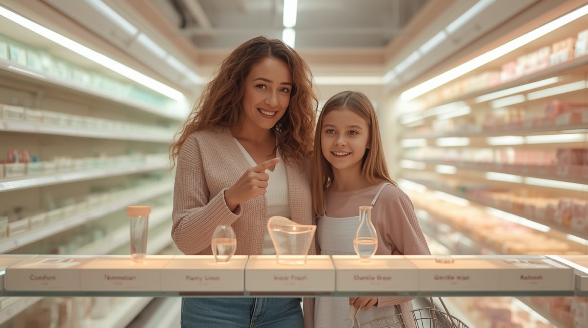 Средства гигиены для подростков на столике в ванной комнате с зеркалом