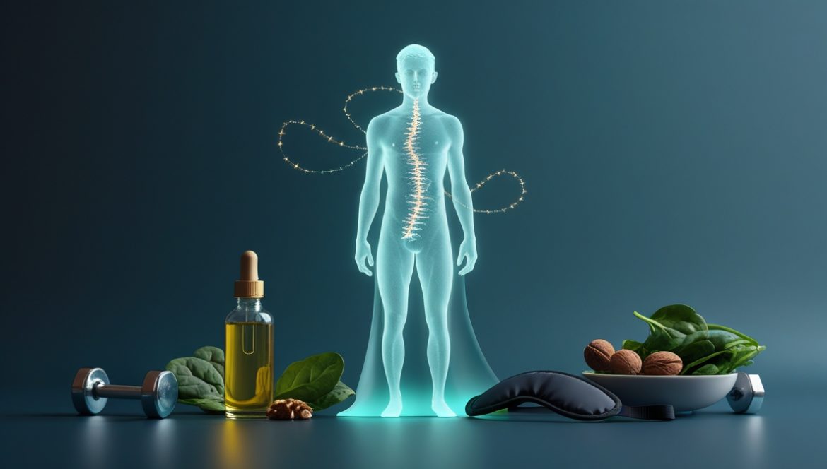 Здоровый мужчина средних лет на фоне научных элементов, символизирующих здоровье клеток и теломер