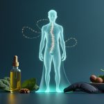 Здоровый мужчина средних лет на фоне научных элементов, символизирующих здоровье клеток и теломер