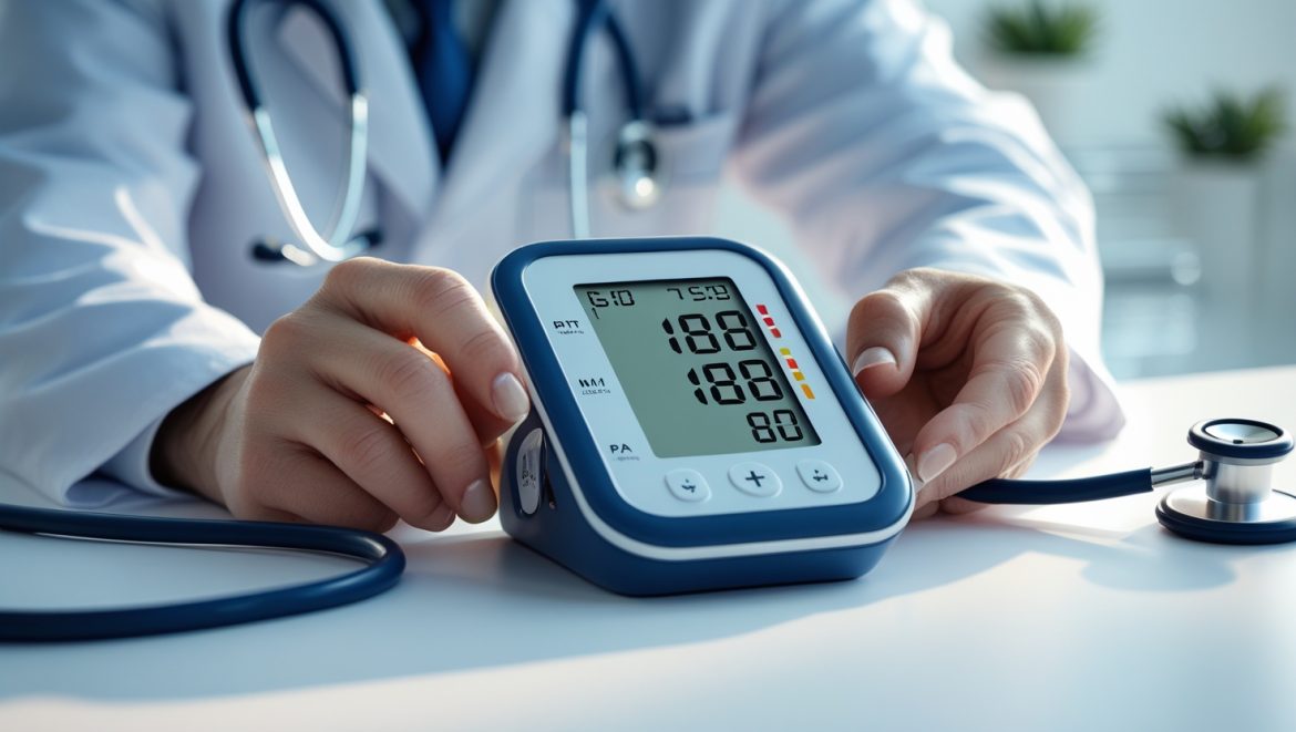 Человек измеряет артериальное давление домашним автоматическим тонометром в правильном положении