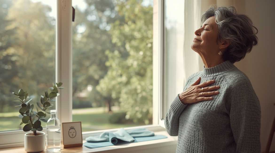 Человек средних лет выполняет дыхательные упражнения на свежем воздухе для здоровья легких