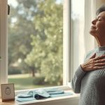 Человек средних лет выполняет дыхательные упражнения на свежем воздухе для здоровья легких