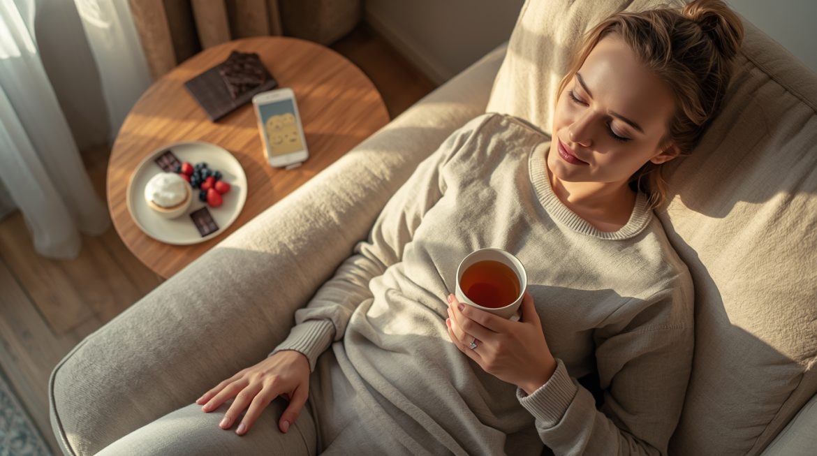 Женщина пьет кефир в окружении ферментированных продуктов для здоровья кишечника и улучшения настроения