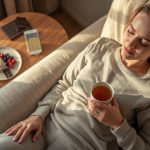 Женщина пьет кефир в окружении ферментированных продуктов для здоровья кишечника и улучшения настроения