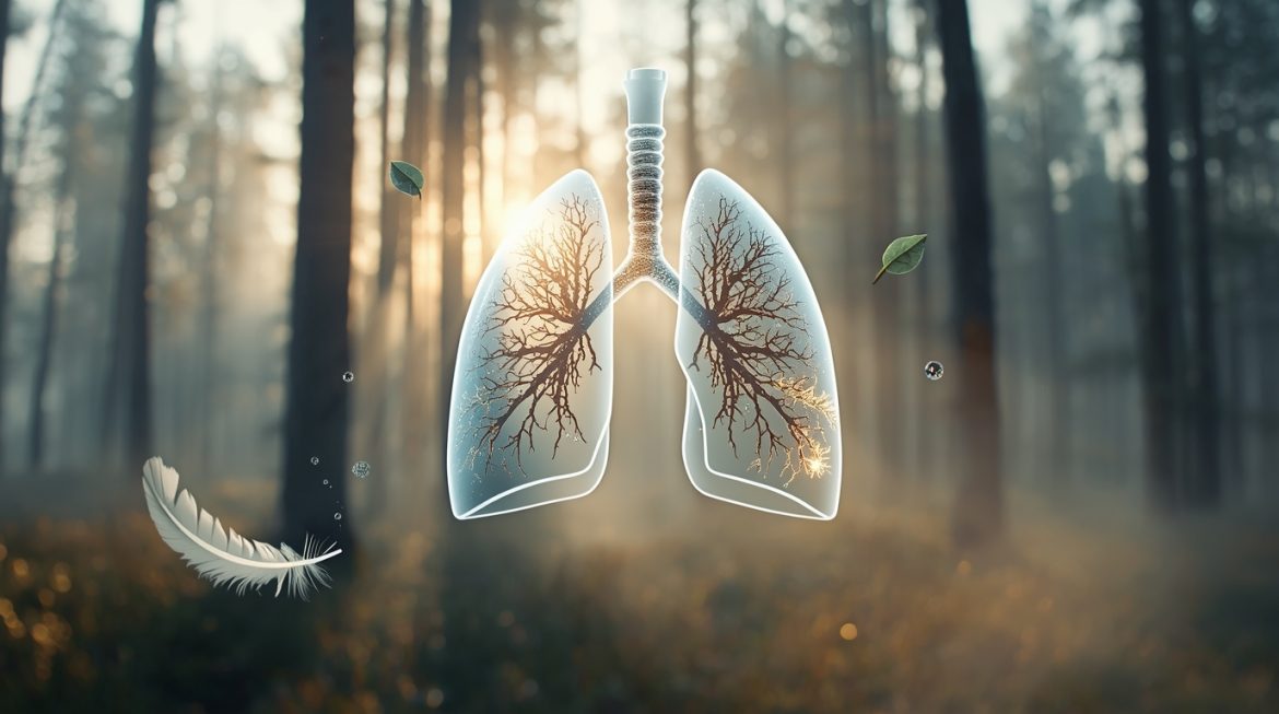 Женщина выполняет дыхательные упражнения для здоровья легких в чистом помещении