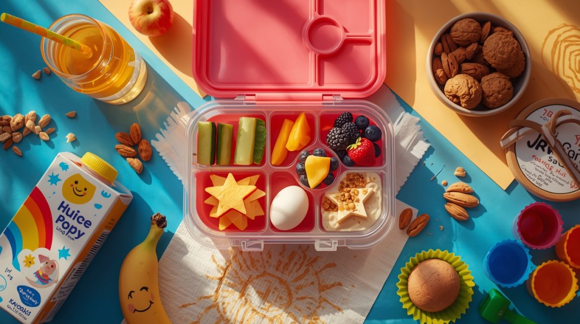 Здоровый ланч-бокс для школьника с фруктами, овощами и полезными перекусами для энергии и роста