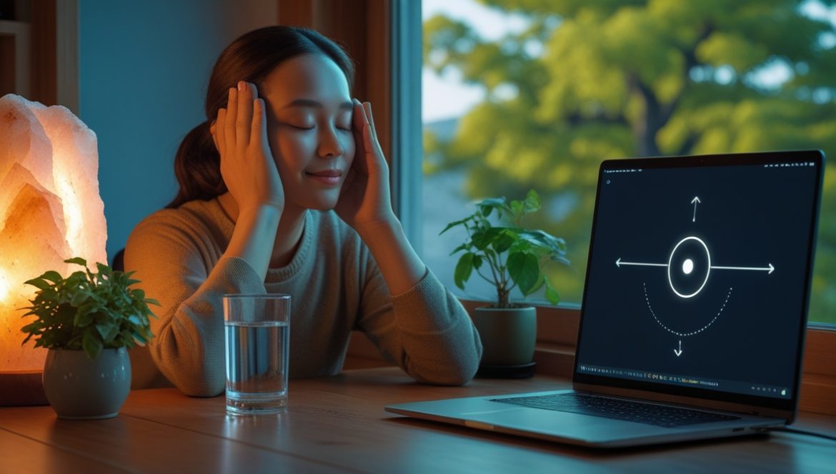 Женщина выполняет упражнения йоги для глаз в домашних условиях