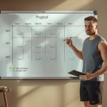Новичок в спортзале с программой тренировок и спортивным оборудованием для начинающих